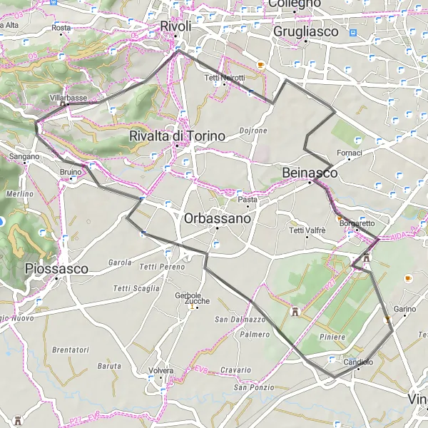 Map miniature of "Villarbasse to Truc Carlevé Loop" cycling inspiration in Piemonte, Italy. Generated by Tarmacs.app cycling route planner