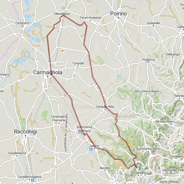 Mapa miniatúra "Gravel okruh cez Pocapaglia" cyklistická inšpirácia v Piemonte, Italy. Vygenerované cyklistickým plánovačom trás Tarmacs.app