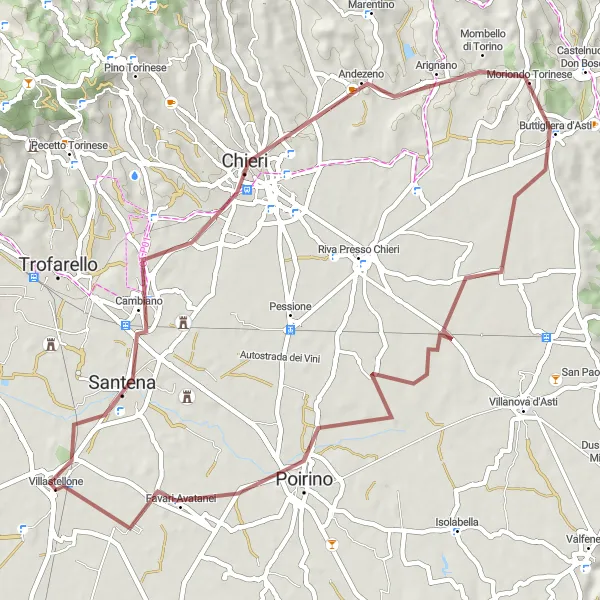 Miniatura della mappa di ispirazione al ciclismo "Giro in Gravel da Villastellone a Tamagnone" nella regione di Piemonte, Italy. Generata da Tarmacs.app, pianificatore di rotte ciclistiche