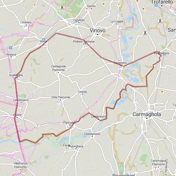 Miniaturní mapa "Gravelová cyklotrasa kolem Villastellone" inspirace pro cyklisty v oblasti Piemonte, Italy. Vytvořeno pomocí plánovače tras Tarmacs.app