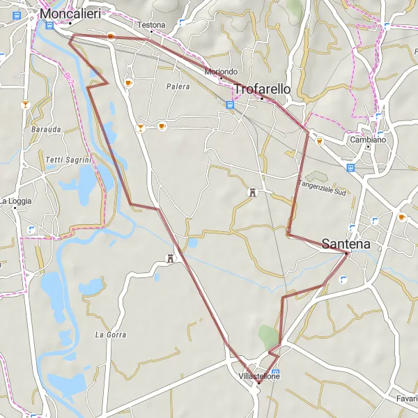 Zemljevid v pomanjšavi "Raziskovanje okolice Villastellone" kolesarske inspiracije v Piemonte, Italy. Generirano z načrtovalcem kolesarskih poti Tarmacs.app