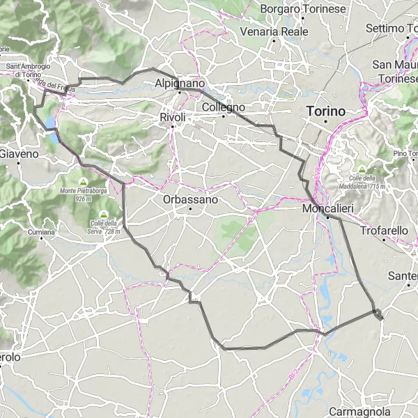 Miniatura della mappa di ispirazione al ciclismo "Tour su strada da Villastellone a Moncalieri" nella regione di Piemonte, Italy. Generata da Tarmacs.app, pianificatore di rotte ciclistiche