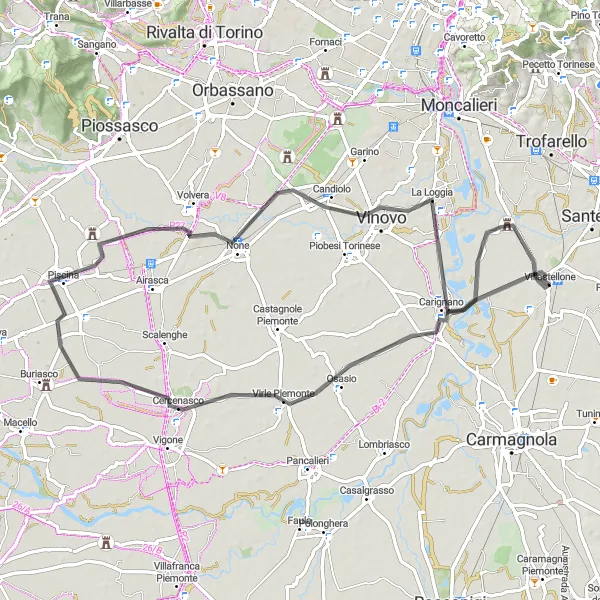 Miniatura della mappa di ispirazione al ciclismo "Giro in bicicletta panoramico da Villastellone a Carignano" nella regione di Piemonte, Italy. Generata da Tarmacs.app, pianificatore di rotte ciclistiche