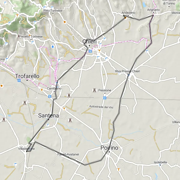 Kartminiatyr av "Chieri till Villastellone vägcykling" cykelinspiration i Piemonte, Italy. Genererad av Tarmacs.app cykelruttplanerare