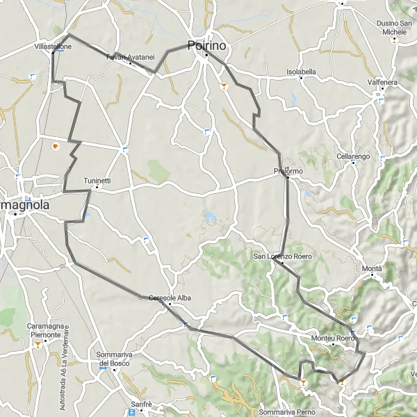Miniatua del mapa de inspiración ciclista "Ruta de Ciclismo de Carretera cerca de Villastellone" en Piemonte, Italy. Generado por Tarmacs.app planificador de rutas ciclistas