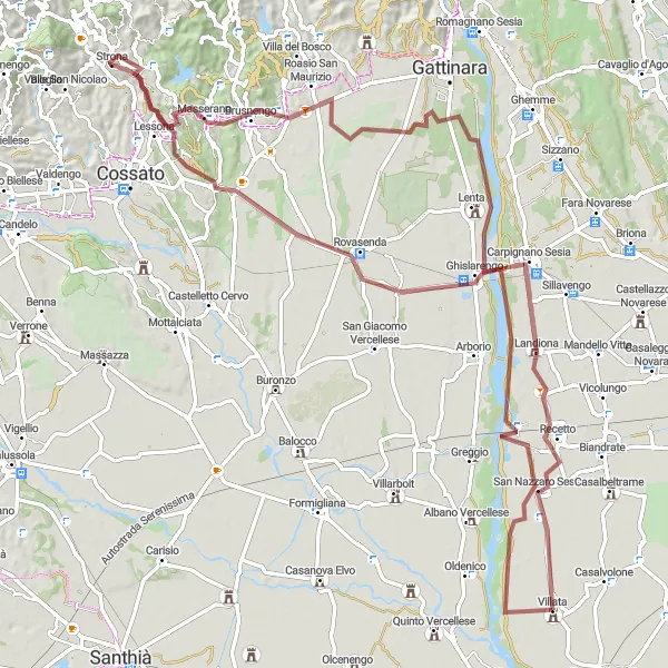 Miniaturní mapa "Villata - Cascinale - Ghislarengo - Lessona - Monte Pilone - Roasio San Maurizio - Landiona - San Nazzaro Sesia" inspirace pro cyklisty v oblasti Piemonte, Italy. Vytvořeno pomocí plánovače tras Tarmacs.app