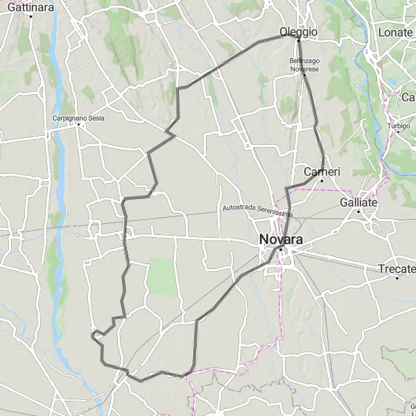 Miniatura della mappa di ispirazione al ciclismo "Giro in bicicletta da Villata a Novara" nella regione di Piemonte, Italy. Generata da Tarmacs.app, pianificatore di rotte ciclistiche