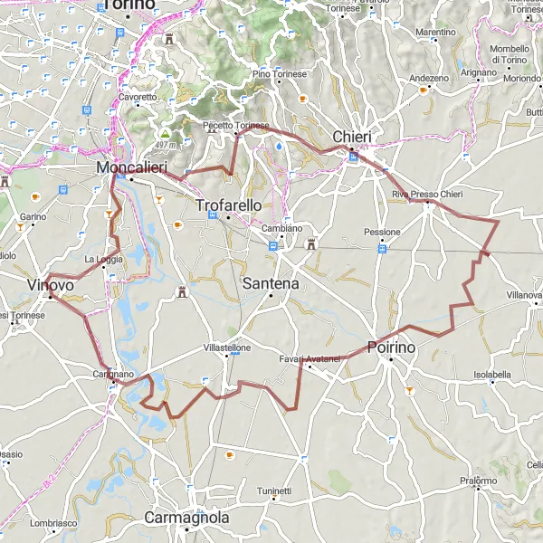 Miniature de la carte de l'inspiration cycliste "Tour des collines du Piémont" dans la Piemonte, Italy. Générée par le planificateur d'itinéraire cycliste Tarmacs.app