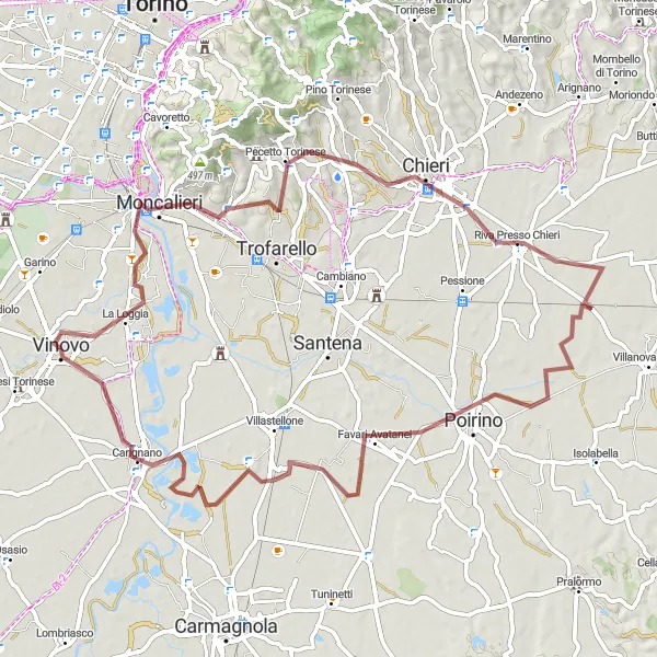 Miniatura della mappa di ispirazione al ciclismo "Avventura tra le colline Moncalieri e Carignano" nella regione di Piemonte, Italy. Generata da Tarmacs.app, pianificatore di rotte ciclistiche