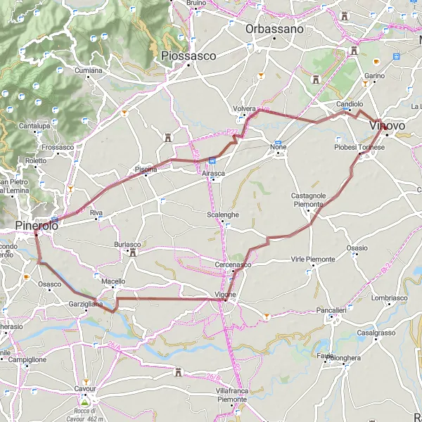 Miniatuurkaart van de fietsinspiratie "Gravelroute Vinovo - Piobesi Torinese - Vigone - Pinerolo - Piscina - Candiolo" in Piemonte, Italy. Gemaakt door de Tarmacs.app fietsrouteplanner