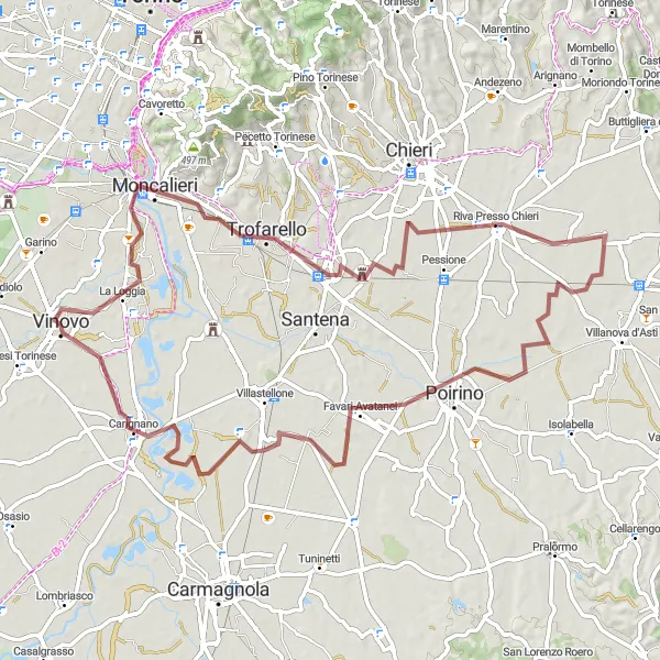 Kartminiatyr av "Grusvei sykling fra Vinovo" sykkelinspirasjon i Piemonte, Italy. Generert av Tarmacs.app sykkelrutoplanlegger