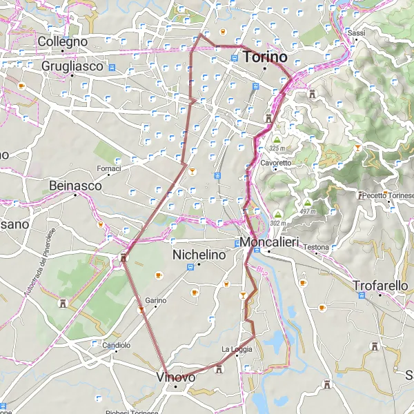 Mapa miniatúra "Vinovo - Turin Scenic Gravel Route" cyklistická inšpirácia v Piemonte, Italy. Vygenerované cyklistickým plánovačom trás Tarmacs.app