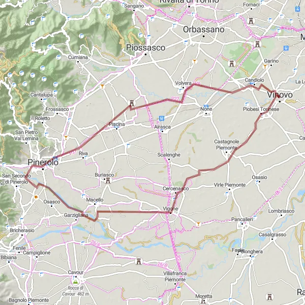 Map miniature of "Gravel Route through Vinovo and Pinerolo" cycling inspiration in Piemonte, Italy. Generated by Tarmacs.app cycling route planner