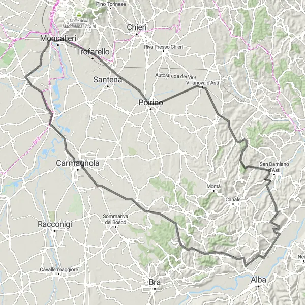 Map miniature of "The Castles and Vineyards Route" cycling inspiration in Piemonte, Italy. Generated by Tarmacs.app cycling route planner