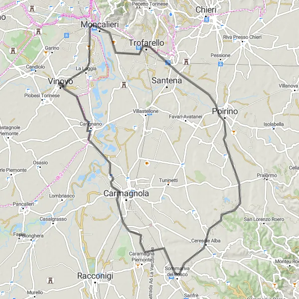 Mapa miniatúra "Road Piemonte Adventure" cyklistická inšpirácia v Piemonte, Italy. Vygenerované cyklistickým plánovačom trás Tarmacs.app