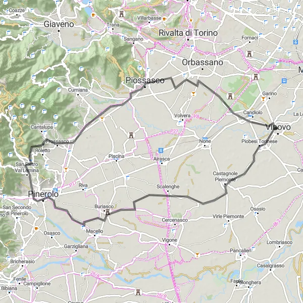 Miniatura della mappa di ispirazione al ciclismo "Cicloturismo su strada tra Pinerolo e Piossasco" nella regione di Piemonte, Italy. Generata da Tarmacs.app, pianificatore di rotte ciclistiche