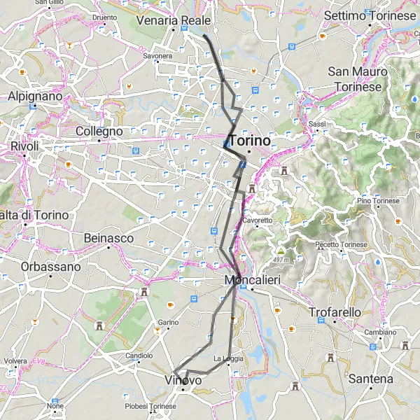 Map miniature of "Road Route through Turin and Moncalieri" cycling inspiration in Piemonte, Italy. Generated by Tarmacs.app cycling route planner
