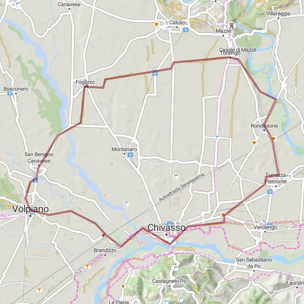 Miniatura della mappa di ispirazione al ciclismo "Esplorazione in gravel da Foglizzo a Brandizzo" nella regione di Piemonte, Italy. Generata da Tarmacs.app, pianificatore di rotte ciclistiche