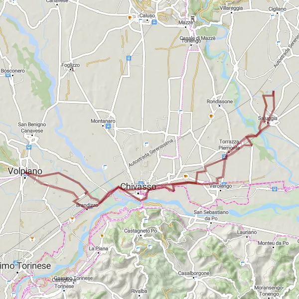 Miniatuurkaart van de fietsinspiratie "Avontuurlijke tocht langs Verolengo, Saluggia en Brandizzo" in Piemonte, Italy. Gemaakt door de Tarmacs.app fietsrouteplanner