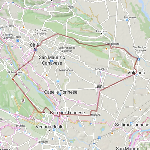 Map miniature of "Scenic Gravel Ride: Volpiano to Lombardore" cycling inspiration in Piemonte, Italy. Generated by Tarmacs.app cycling route planner