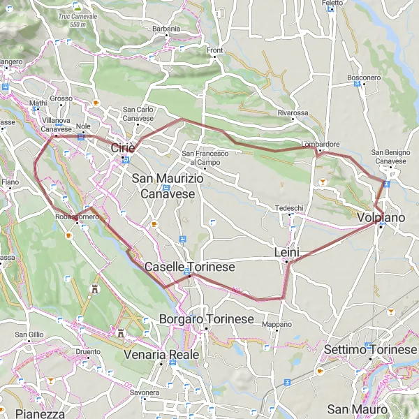 Miniatuurkaart van de fietsinspiratie "Gravelroute via Leini, Robassomero en Villanova Canavese" in Piemonte, Italy. Gemaakt door de Tarmacs.app fietsrouteplanner