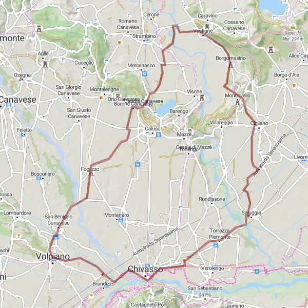 Mapa miniatúra "Gravelová trasa cez Monte Chiaro a Torrazza Piemonte" cyklistická inšpirácia v Piemonte, Italy. Vygenerované cyklistickým plánovačom trás Tarmacs.app