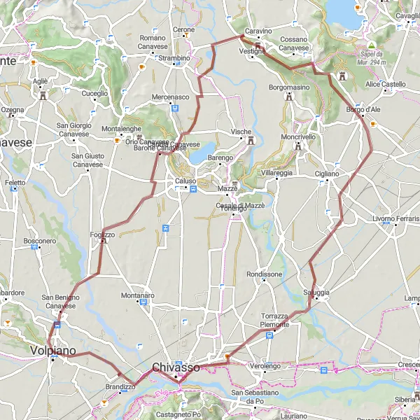 Miniatura della mappa di ispirazione al ciclismo "Gravel tra Volpiano e Monte Chiaro" nella regione di Piemonte, Italy. Generata da Tarmacs.app, pianificatore di rotte ciclistiche