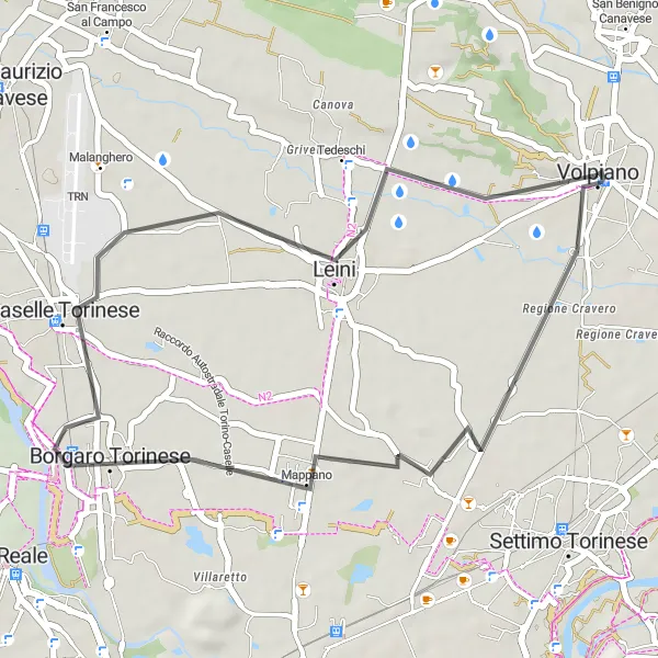 Miniatua del mapa de inspiración ciclista "Ruta corta de ciclismo de carretera cerca de Volpiano" en Piemonte, Italy. Generado por Tarmacs.app planificador de rutas ciclistas