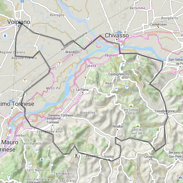 Kartminiatyr av "Kulturarvet fra Chivasso til Volpiano" sykkelinspirasjon i Piemonte, Italy. Generert av Tarmacs.app sykkelrutoplanlegger