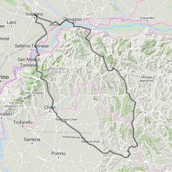 Miniatua del mapa de inspiración ciclista "Ruta de ciclismo de carretera desde Chivasso a Volpiano" en Piemonte, Italy. Generado por Tarmacs.app planificador de rutas ciclistas