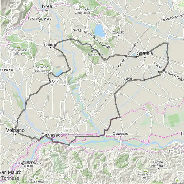 Kartminiatyr av "Volpiano til Chivasso via Monte Chiaro og Livorno Ferraris" sykkelinspirasjon i Piemonte, Italy. Generert av Tarmacs.app sykkelrutoplanlegger