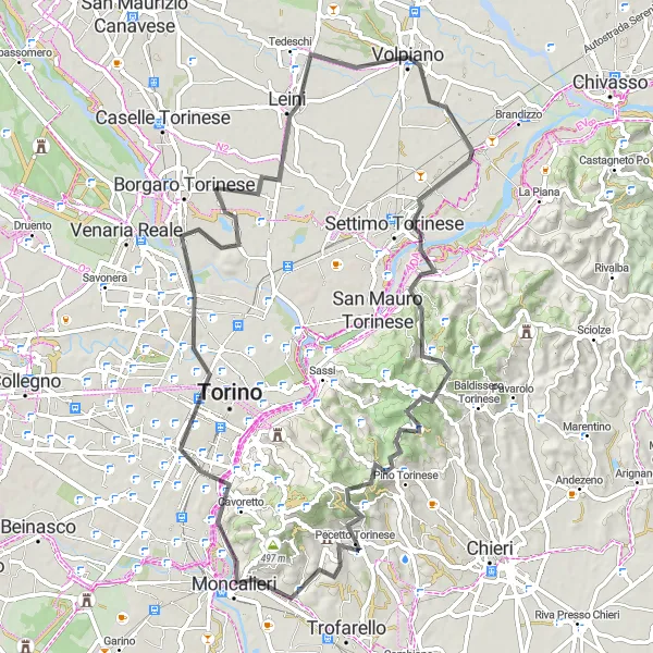 Zemljevid v pomanjšavi "Cestna kolesarska tura okoli Volpiana" kolesarske inspiracije v Piemonte, Italy. Generirano z načrtovalcem kolesarskih poti Tarmacs.app