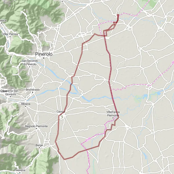 Kartminiatyr av "Grusvägsäventyr till Scalenghe, Cantogno och Rocca di Cavour" cykelinspiration i Piemonte, Italy. Genererad av Tarmacs.app cykelruttplanerare
