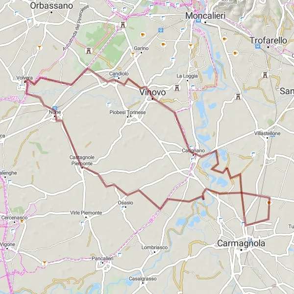 Miniaturní mapa "Gravel route Vinovo - Pochettino" inspirace pro cyklisty v oblasti Piemonte, Italy. Vytvořeno pomocí plánovače tras Tarmacs.app