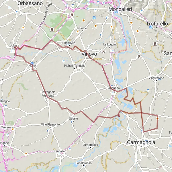 Map miniature of "Gravel Route from Volvera to Pochettino" cycling inspiration in Piemonte, Italy. Generated by Tarmacs.app cycling route planner