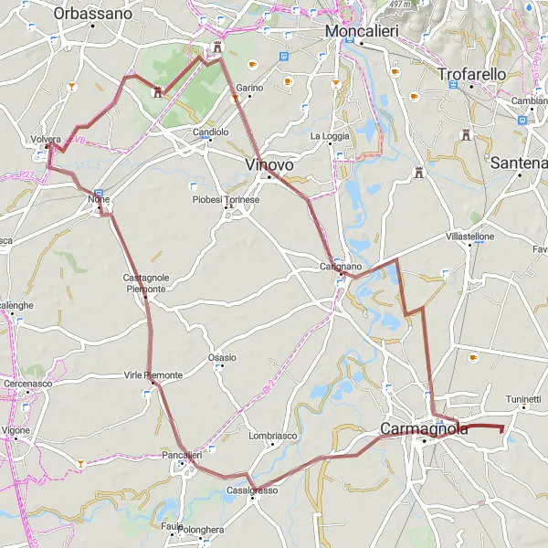 Mapa miniatúra "Gravelová dobrodružná cesta" cyklistická inšpirácia v Piemonte, Italy. Vygenerované cyklistickým plánovačom trás Tarmacs.app