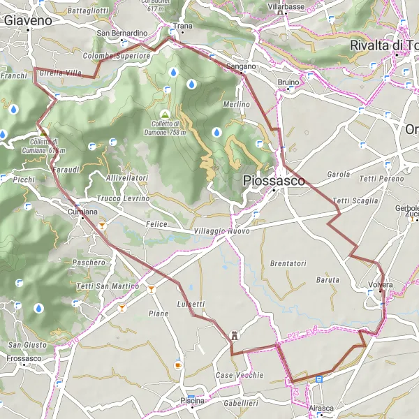 Zemljevid v pomanjšavi "Gravelska dogodivščina od Volvere" kolesarske inspiracije v Piemonte, Italy. Generirano z načrtovalcem kolesarskih poti Tarmacs.app