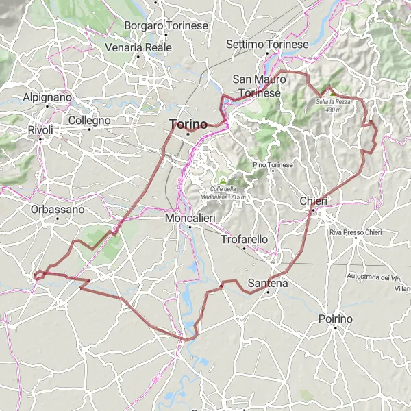 Miniatuurkaart van de fietsinspiratie "Avontuurlijke gravelfietstocht naar Turijn" in Piemonte, Italy. Gemaakt door de Tarmacs.app fietsrouteplanner