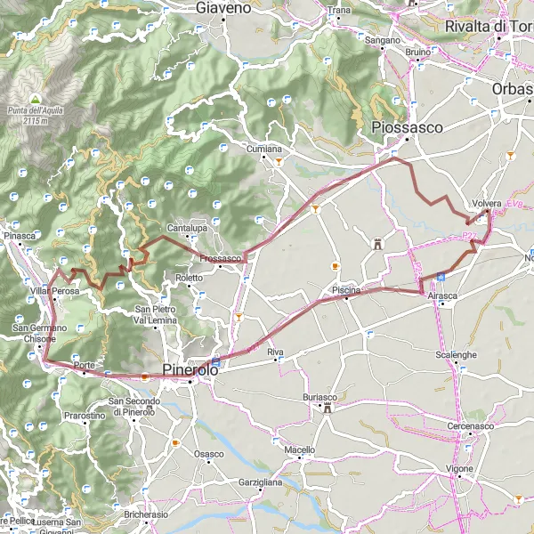 Mapa miniatúra "Piscina - Cantalupa Route" cyklistická inšpirácia v Piemonte, Italy. Vygenerované cyklistickým plánovačom trás Tarmacs.app
