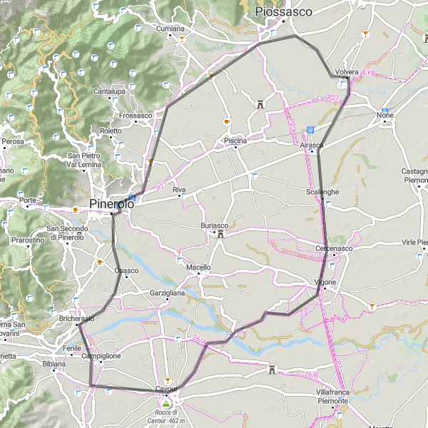 Kartminiatyr av "Historiska platser kring Pinerolo cykeltur" cykelinspiration i Piemonte, Italy. Genererad av Tarmacs.app cykelruttplanerare