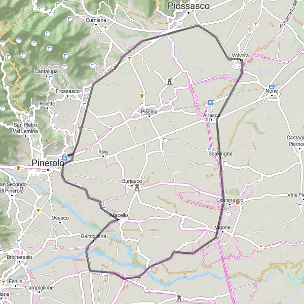 Miniatura della mappa di ispirazione al ciclismo "Cicloturismo da Volvera a Monte Oliveto" nella regione di Piemonte, Italy. Generata da Tarmacs.app, pianificatore di rotte ciclistiche