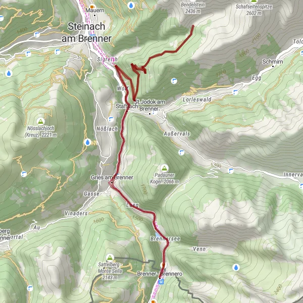 Karttaminiaatyyri "Gravel Adventure to Brenner" pyöräilyinspiraatiosta alueella Provincia Autonoma di Bolzano/Bozen, Italy. Luotu Tarmacs.app pyöräilyreittisuunnittelijalla