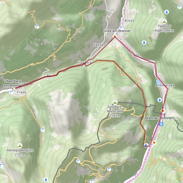 Mapa miniatúra "Gravelový výlet cez Obernberg am Brenner" cyklistická inšpirácia v Provincia Autonoma di Bolzano/Bozen, Italy. Vygenerované cyklistickým plánovačom trás Tarmacs.app