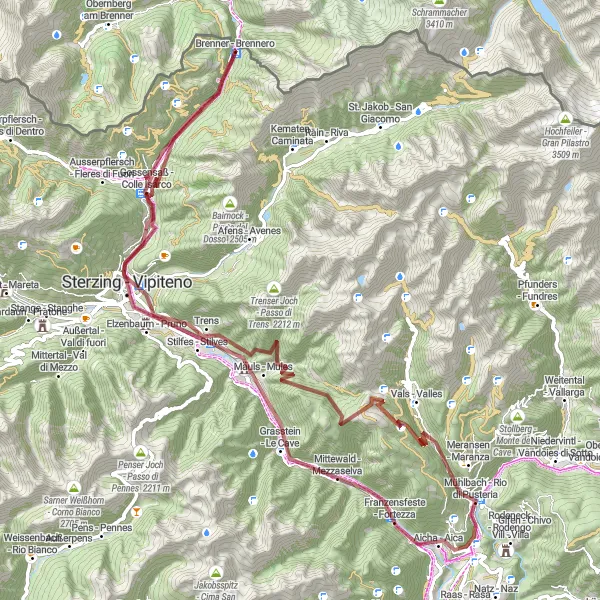 Map miniature of "Brennero Gravel Adventure" cycling inspiration in Provincia Autonoma di Bolzano/Bozen, Italy. Generated by Tarmacs.app cycling route planner