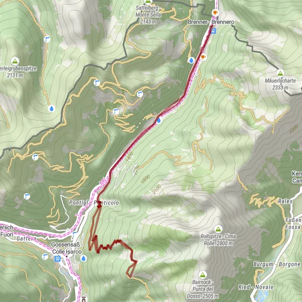 Miniatua del mapa de inspiración ciclista "Ruta de grava Gossensaß - Brenner" en Provincia Autonoma di Bolzano/Bozen, Italy. Generado por Tarmacs.app planificador de rutas ciclistas