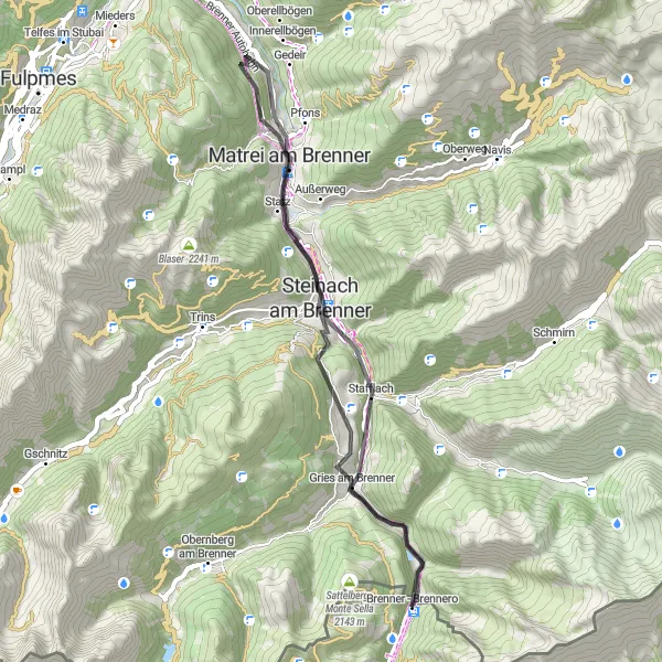 Miniaturekort af cykelinspirationen "Brennero til Brenner Pass via Matrei am Brenner" i Provincia Autonoma di Bolzano/Bozen, Italy. Genereret af Tarmacs.app cykelruteplanlægger
