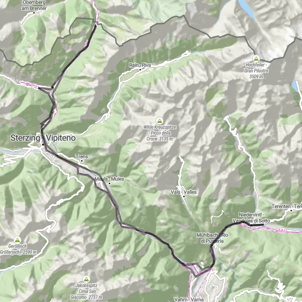 Karttaminiaatyyri "Brennerin ympäristön maantieretki" pyöräilyinspiraatiosta alueella Provincia Autonoma di Bolzano/Bozen, Italy. Luotu Tarmacs.app pyöräilyreittisuunnittelijalla