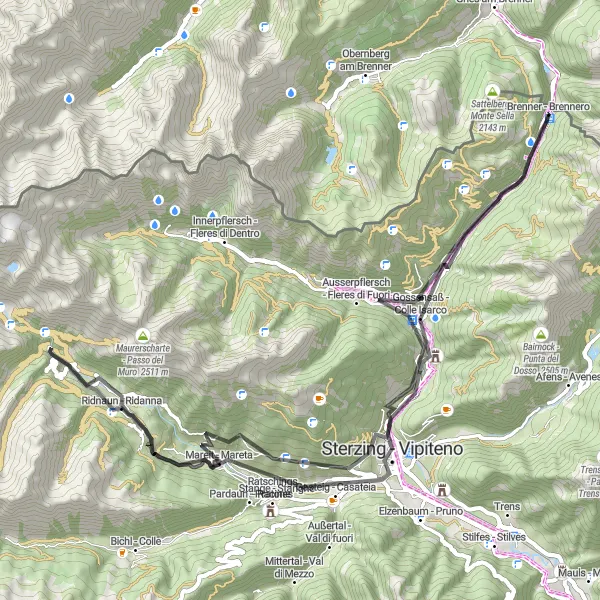 Karttaminiaatyyri "Retki Brennerin vuoristoteitä pitkin" pyöräilyinspiraatiosta alueella Provincia Autonoma di Bolzano/Bozen, Italy. Luotu Tarmacs.app pyöräilyreittisuunnittelijalla
