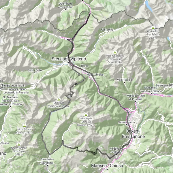 Mapa miniatúra "Významná cestná cyklotúra z Brennera" cyklistická inšpirácia v Provincia Autonoma di Bolzano/Bozen, Italy. Vygenerované cyklistickým plánovačom trás Tarmacs.app