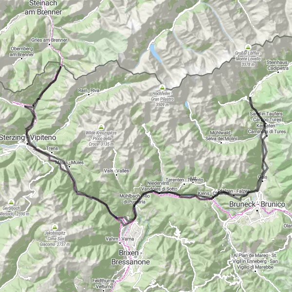 Mapa miniatúra "Epická cyklotúra okolo Brenneru" cyklistická inšpirácia v Provincia Autonoma di Bolzano/Bozen, Italy. Vygenerované cyklistickým plánovačom trás Tarmacs.app